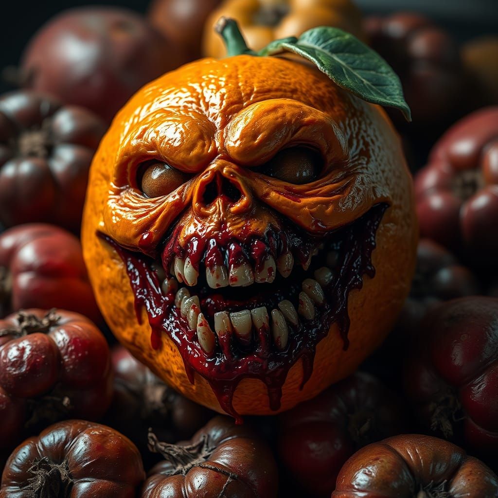 Hyperrealistic Zombie Orange with Blood-Stained Smile