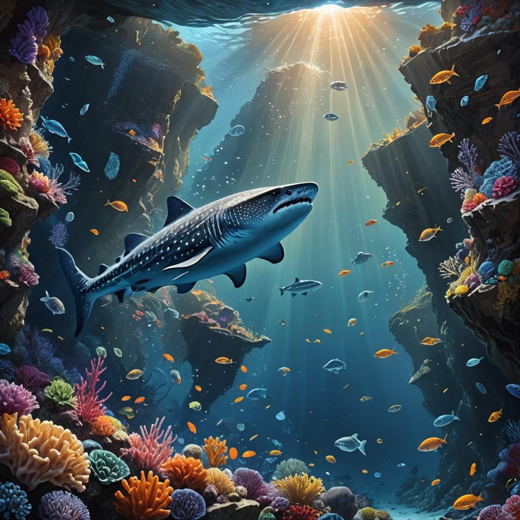 Whale Shark in Bioluminescent Underwater Chasm