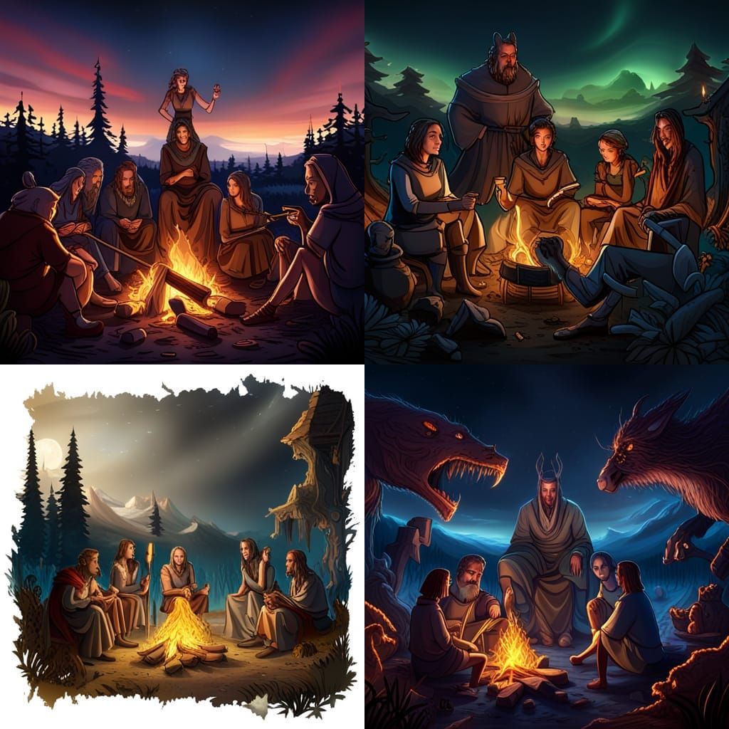 Fantasy Characters Around Campfire at Night