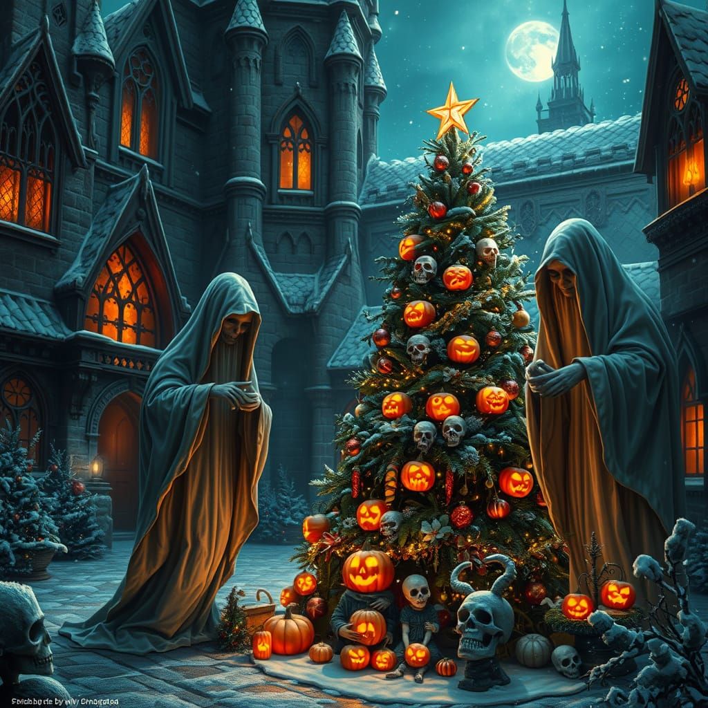 Ghosts Decorate a Haunted Christmas Tree