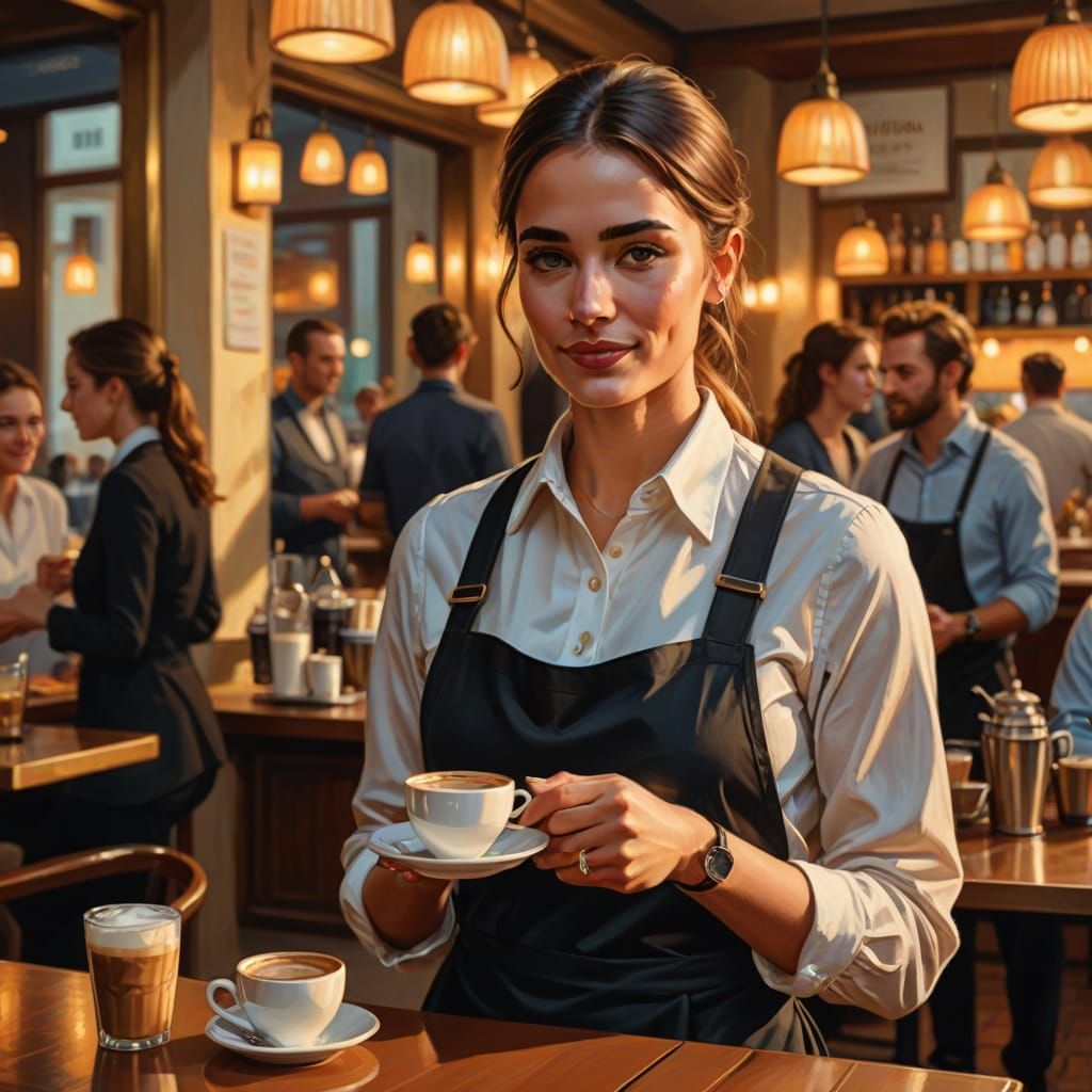 Stylish Waiter Serving Coffee in Golden Hour Light