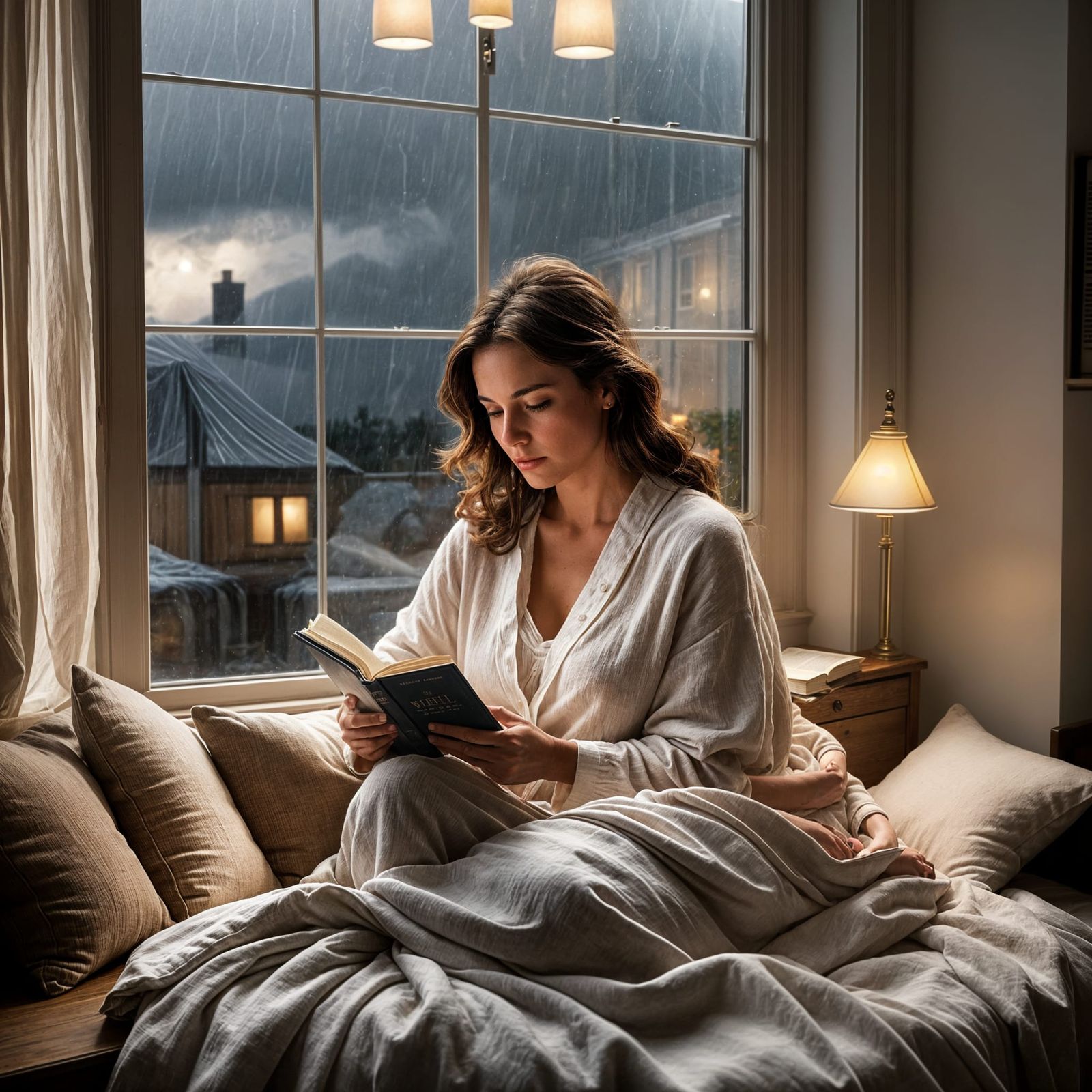 Cozy Woman Reading During Storm