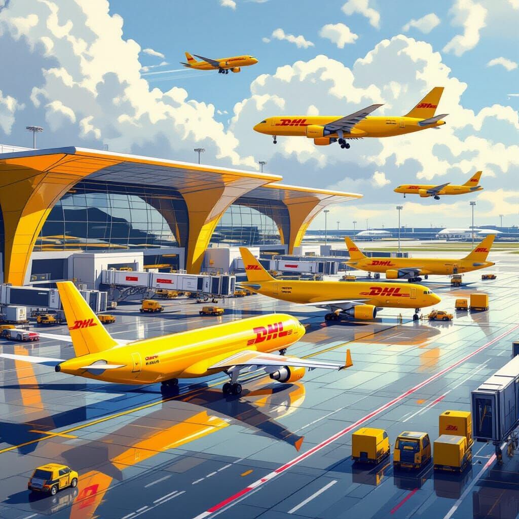 Futuristic DHL Hub With Yellow Planes Taking Off