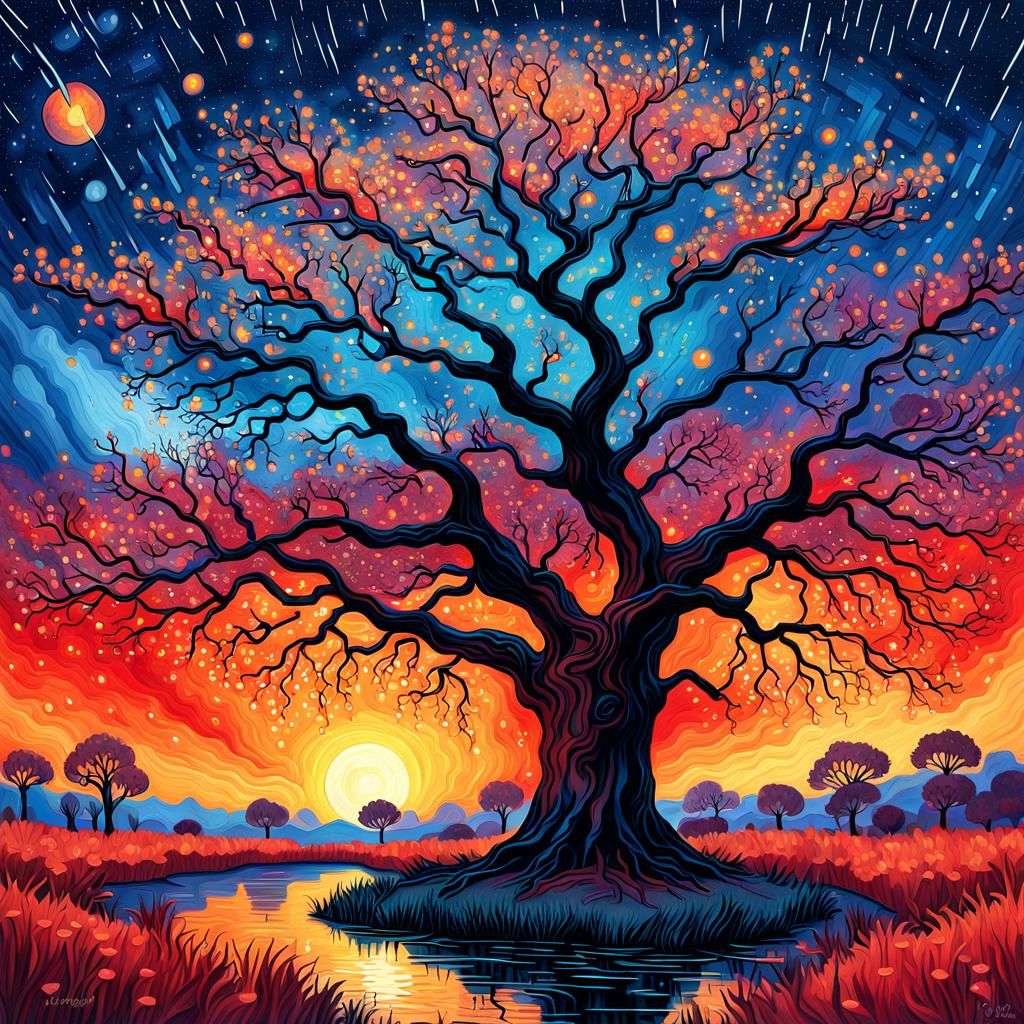 Lake Oak Tree Watercolor Painting with Starry Night