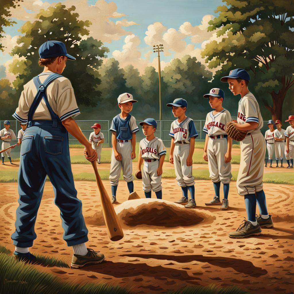 Old-Timey Little League Game in Norman Rockwell Style