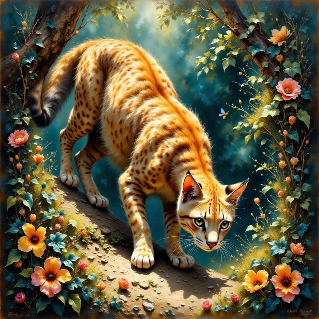 An Impressionist oil painting of an ocelot stalking its prey...