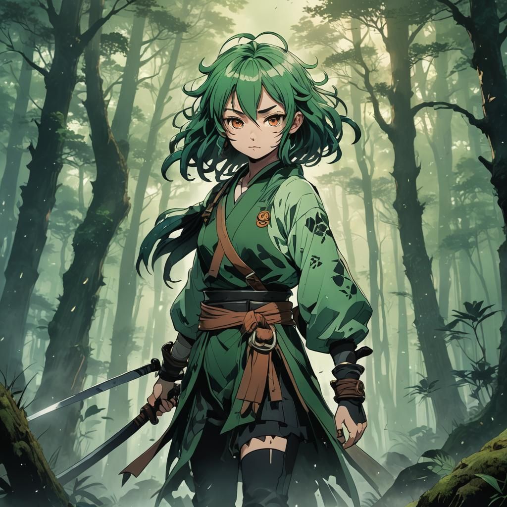 Demon Slayer Girl in Misty Forest: Anime Illustration