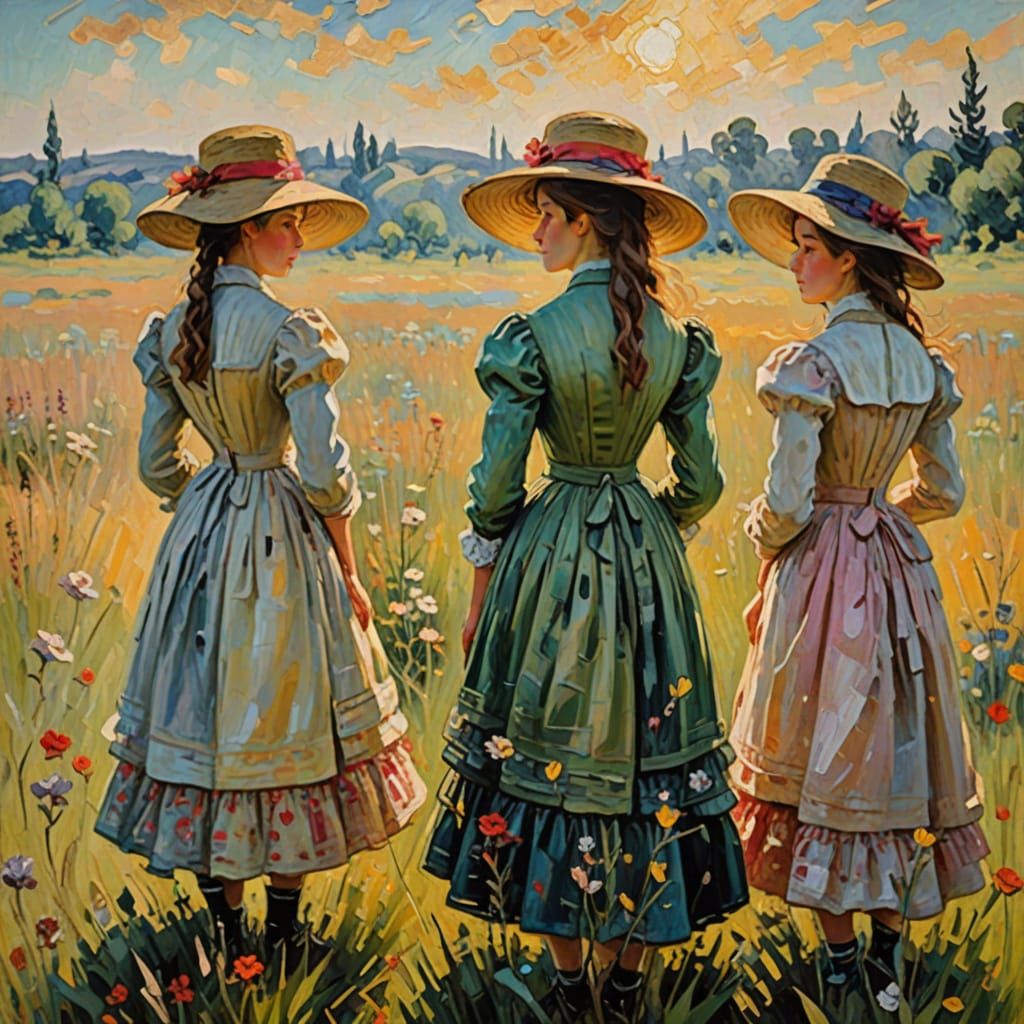 Three Young Women Pose in a Lush Impressionist Meadow Scene
