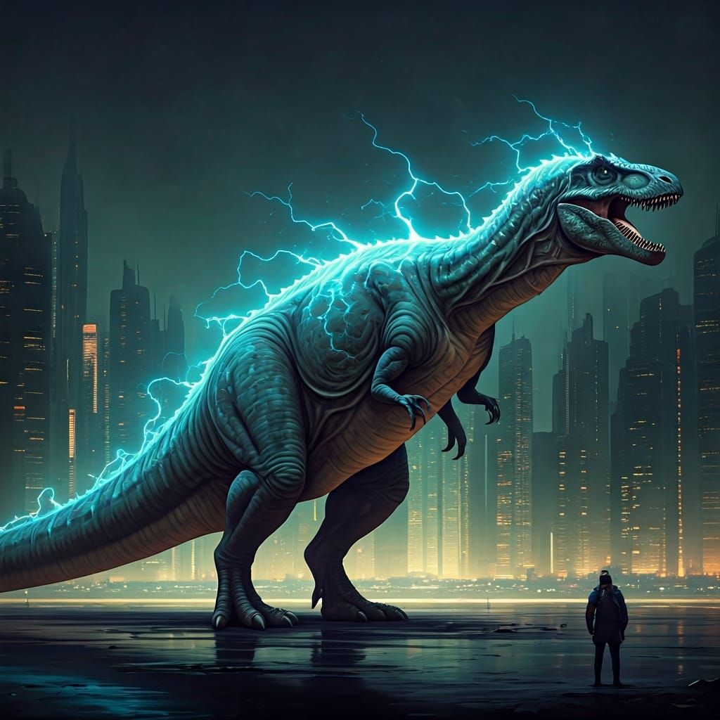 Electric Dinosaur Roams Retro-Futuristic Metropolis