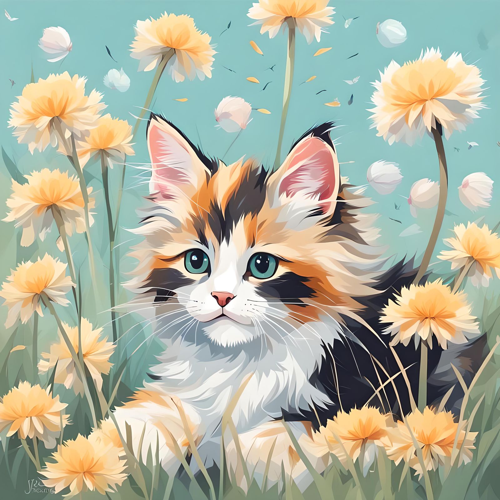 Calico Kitten Playing in Dandelions, Paper Quilling Style