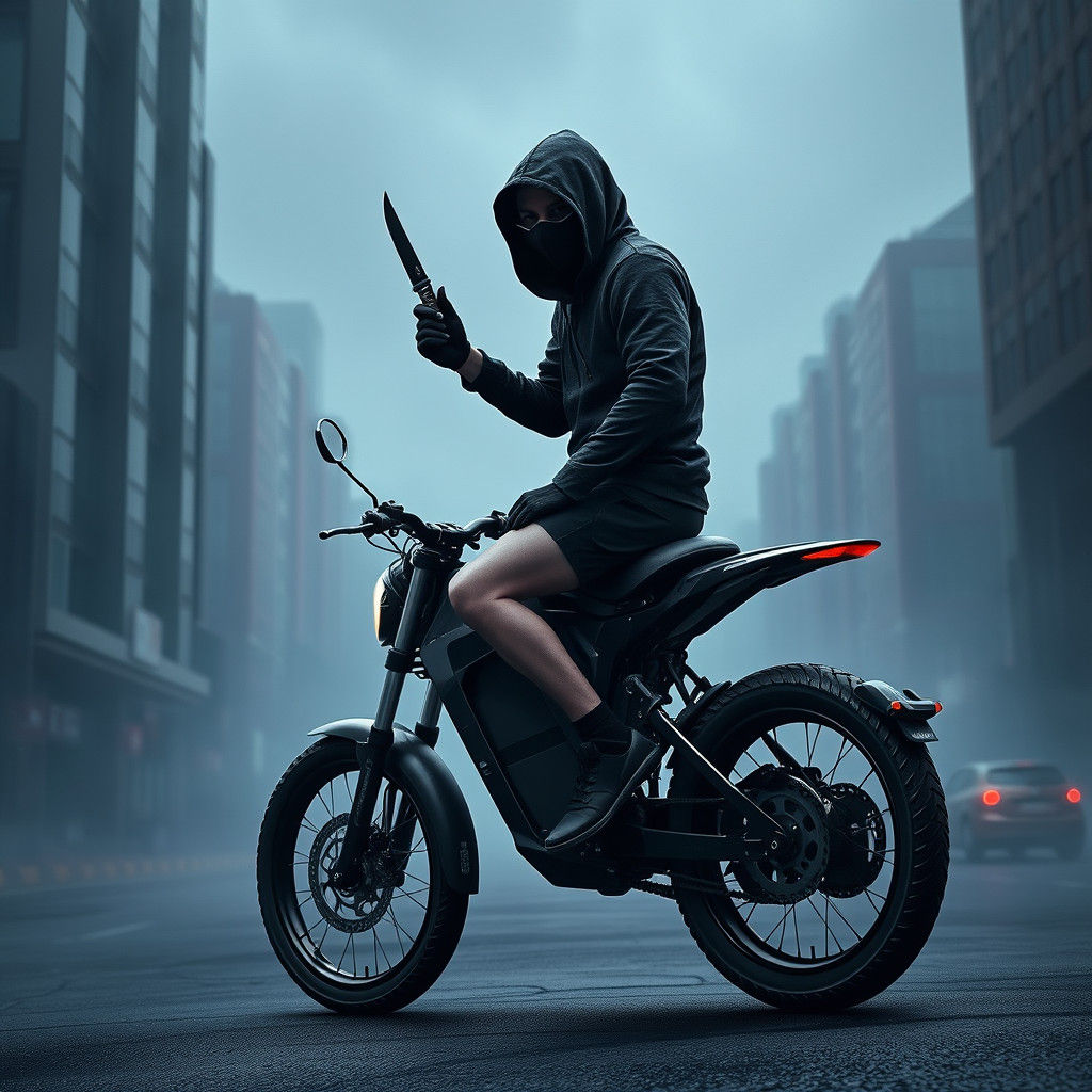Dark Figure on High-Tech E-Bicycle, Ready for Desperate Act