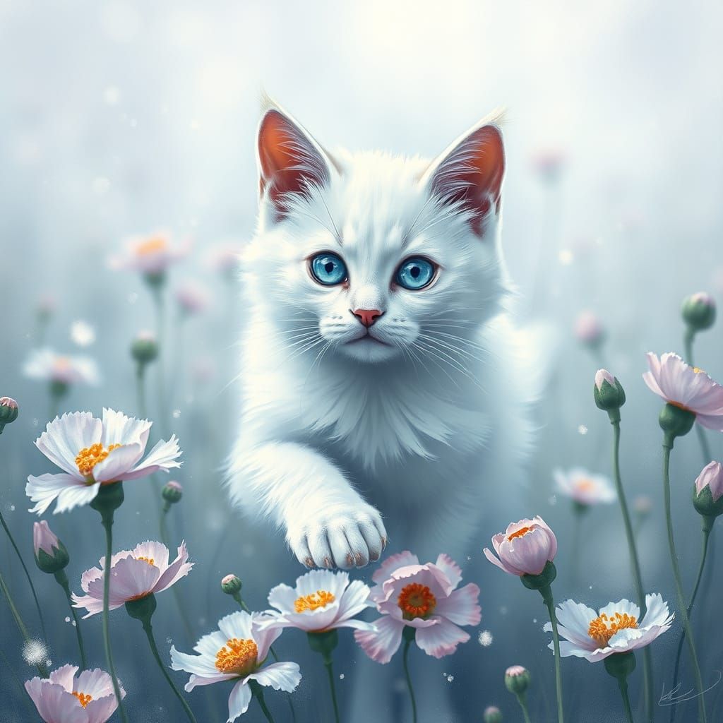 A captivating impressionist illustration of a white cat, pla...