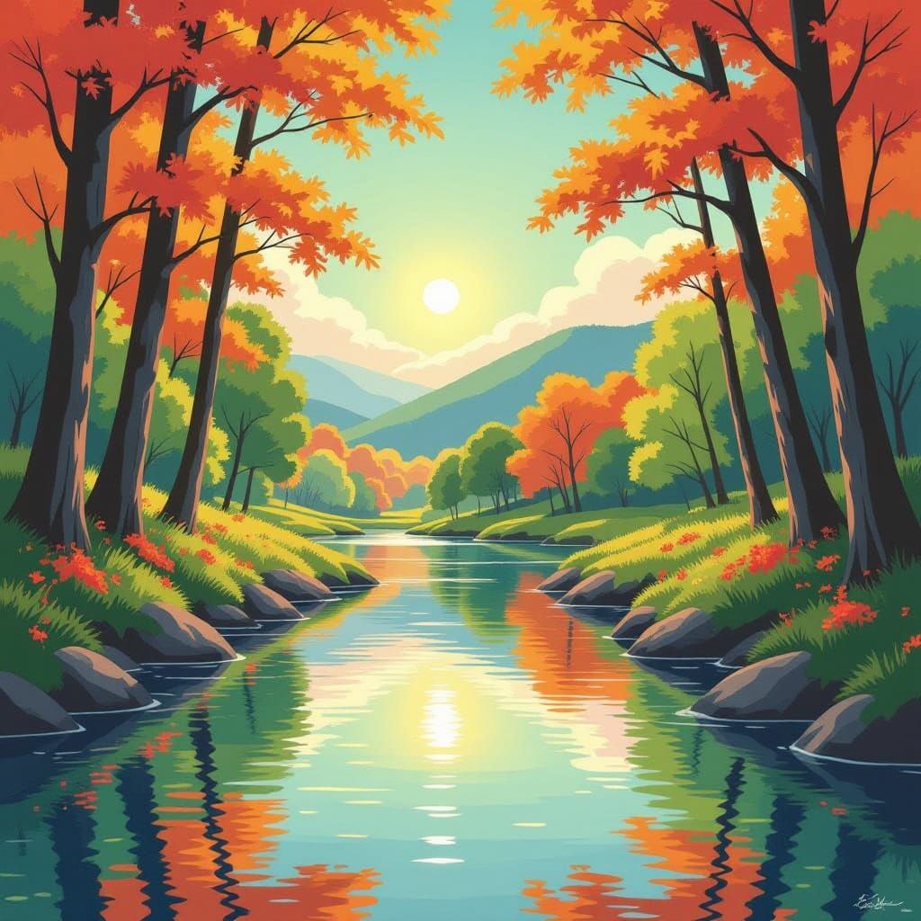 Vibrant Autumn Landscape Reflection in Serene River