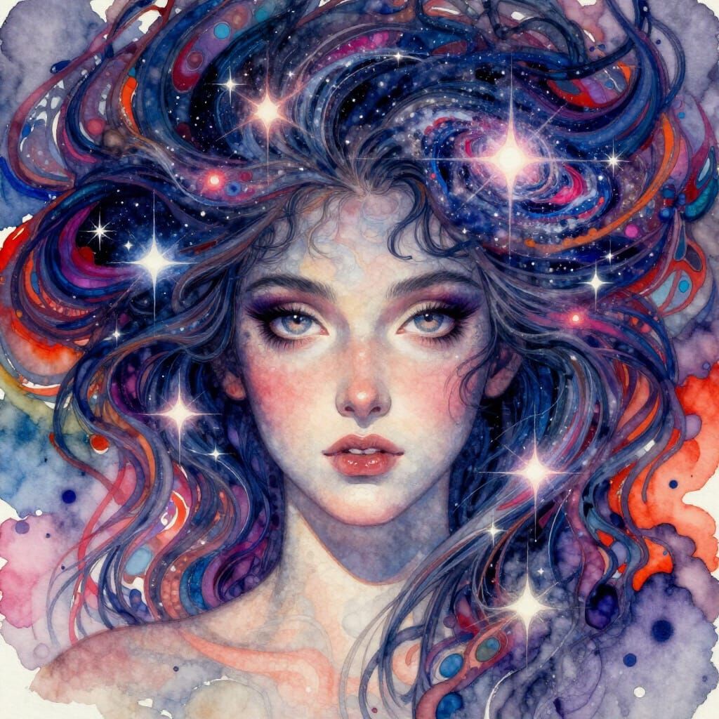 Goddess of Night Portrait with Starry Eyes and Cosmic Hair