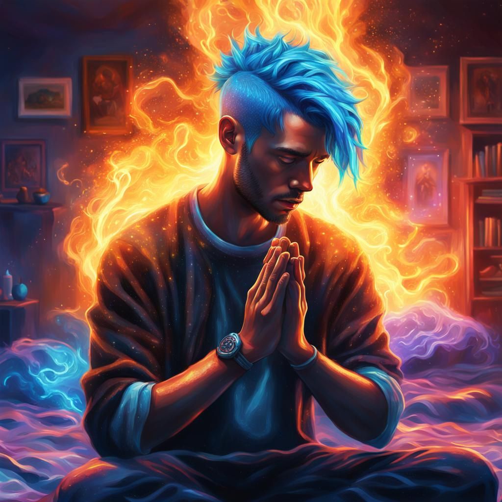 Praying Man with Neon Hair and Fiery Chest