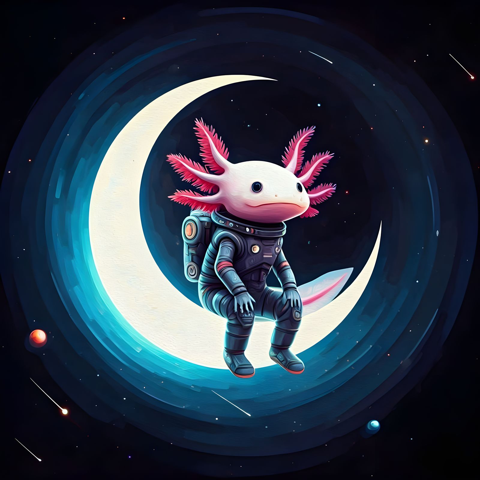 Axolotl in Space Suit on Crescent Moon