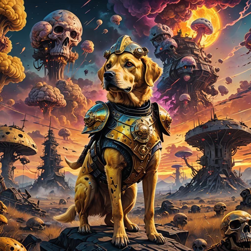 Armored Dog in Post-Apocalyptic Astral Landscape
