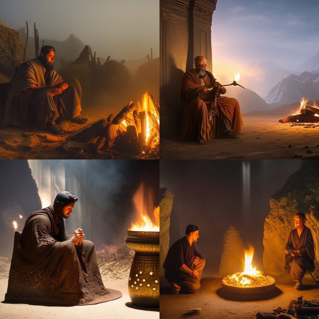 Ancient Sumerian Campfire Scene in Dark Fantasy Style