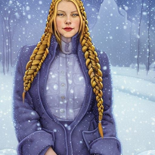 Nordic Girl with Braids in Gauguin-Inspired Snowy Portrait