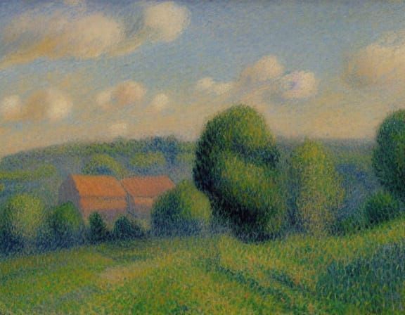 Picturesque Impressionistic Village Landscape at Twilight