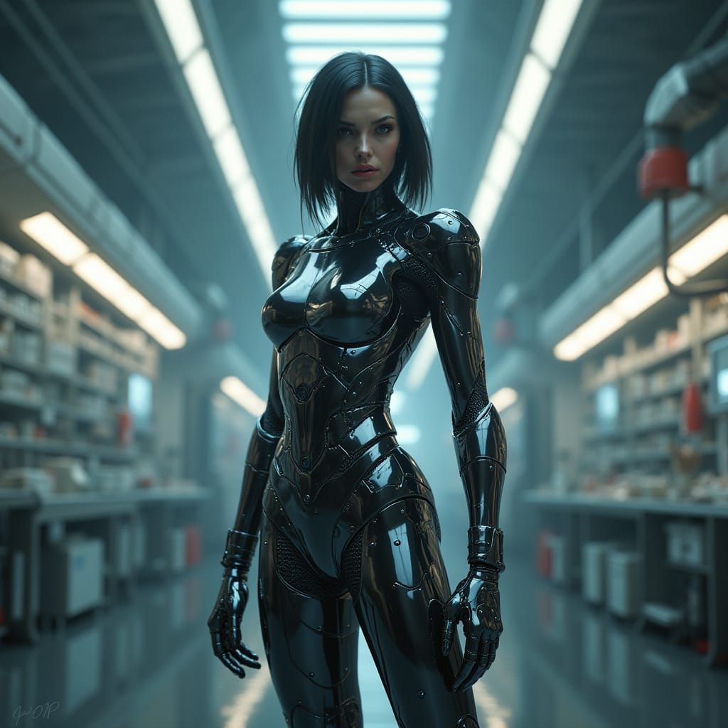 Cyberpunk Robot Woman in Futuristic Laboratory