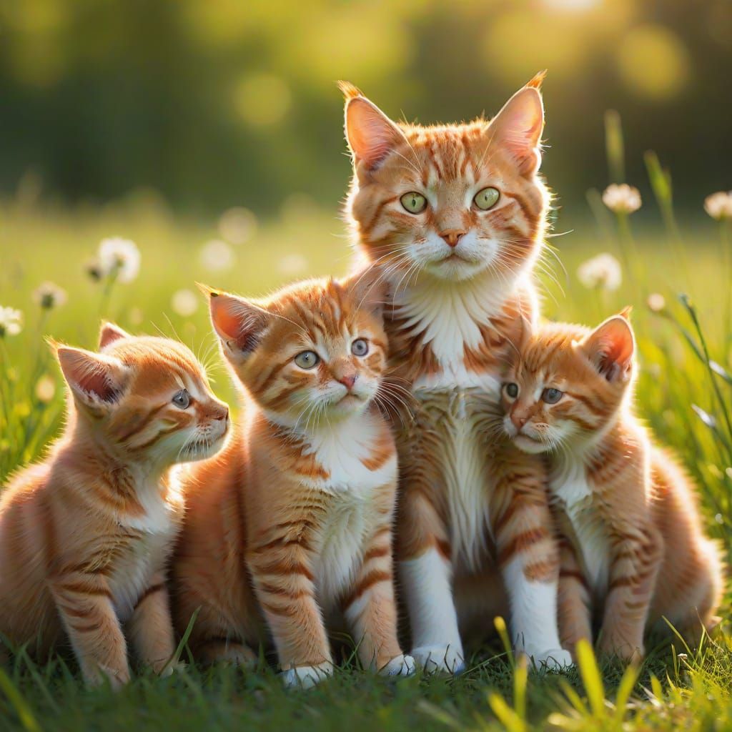 Red Mother Cat with Her Adorable Red Puppies in a Sunlit Mea...