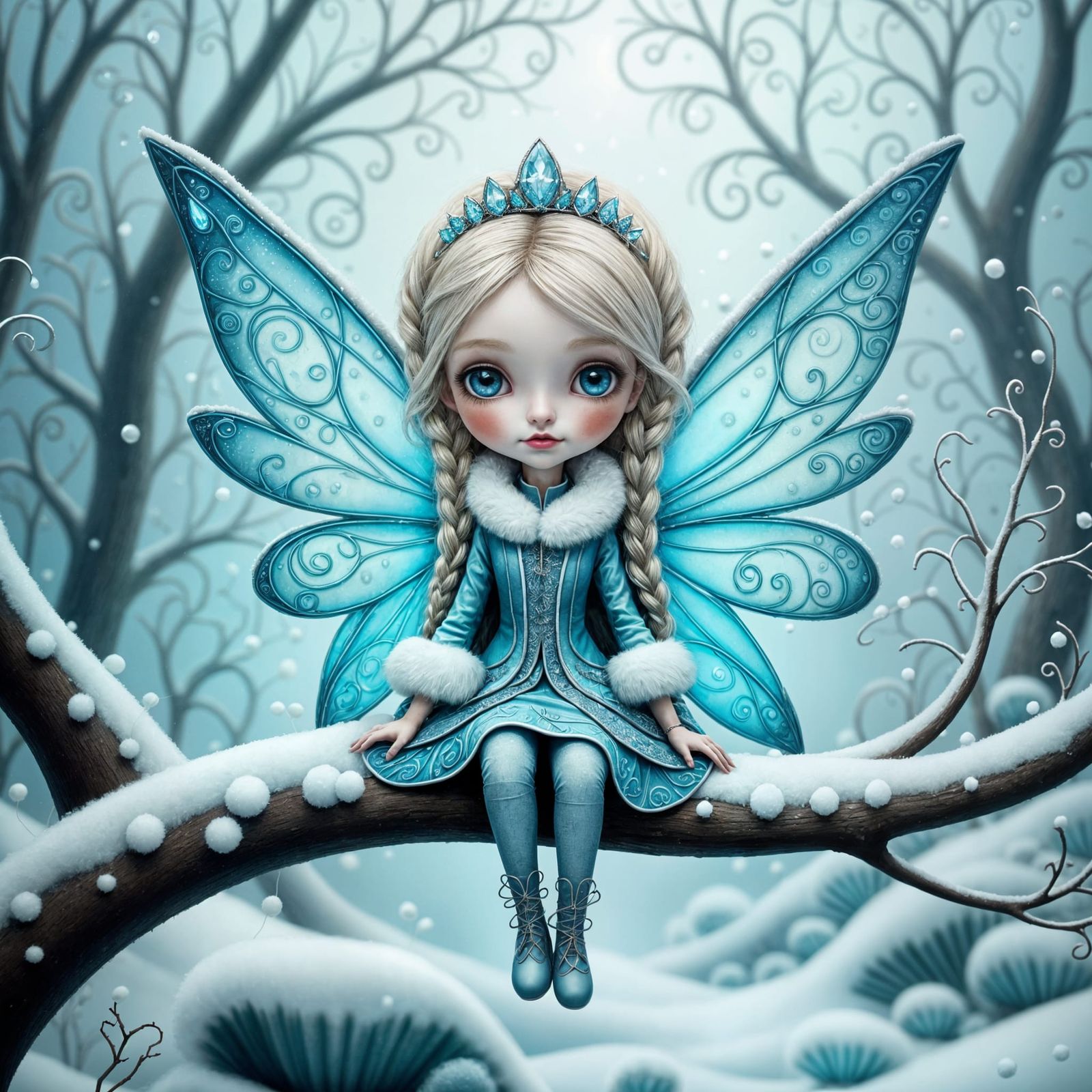 Whimsical Winter Fairy Seated on Snowy Branch