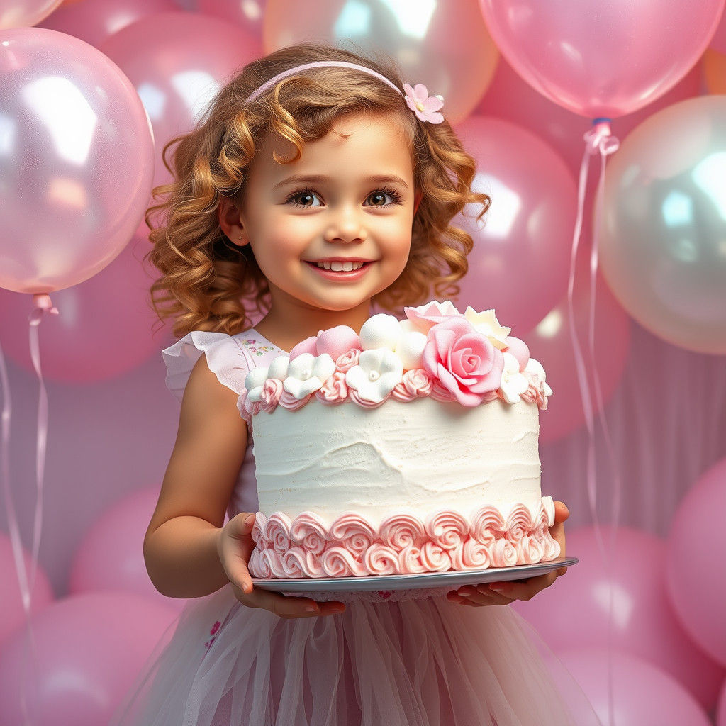 Radiant Girl with Cake in a Whimsical Balloon Scene