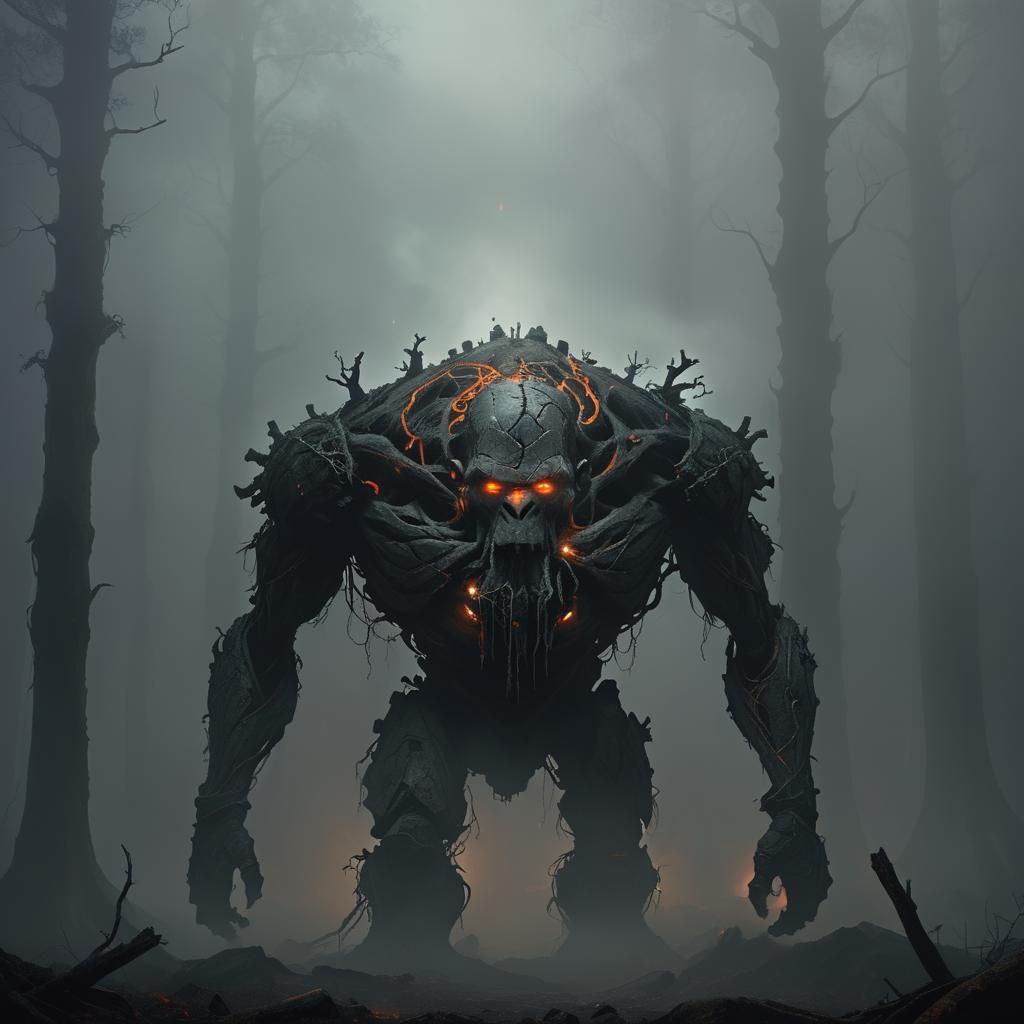 Glowing Stone Golem in Dark Fantasy Forest