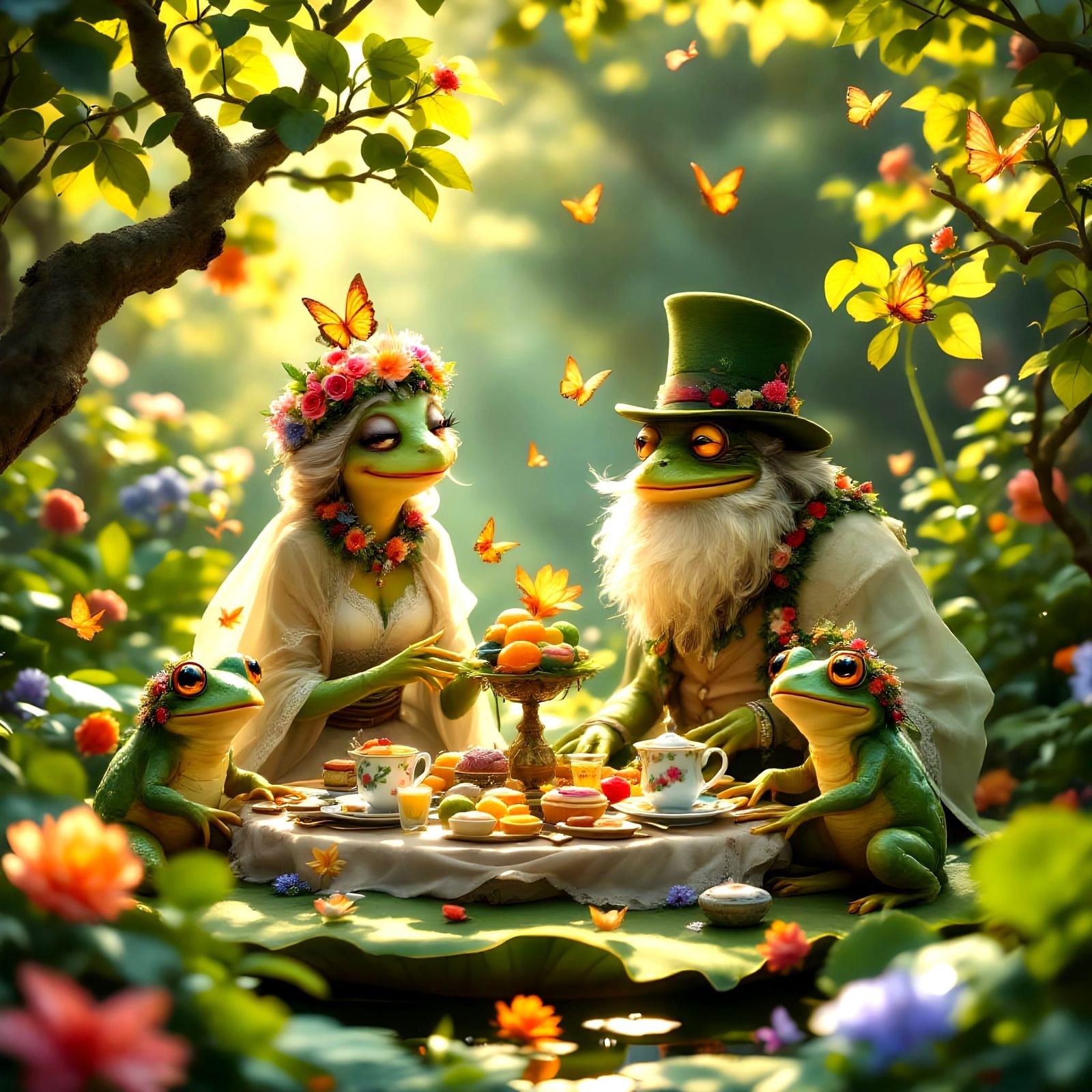Frog Family Picnic in Fantasy Art Style