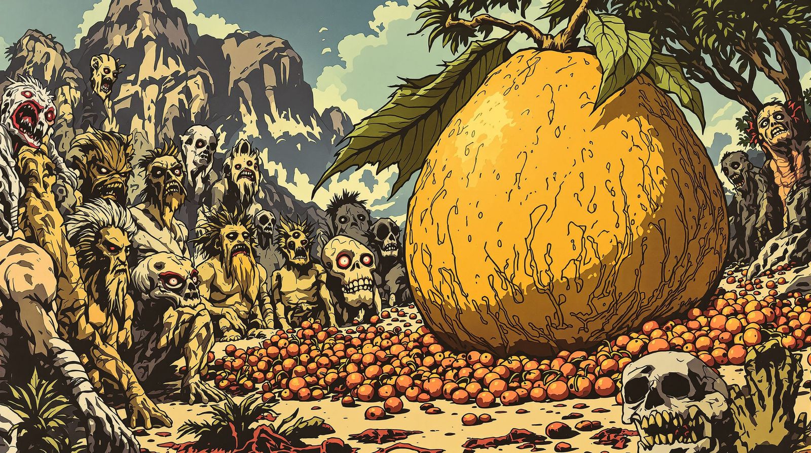 Prehistoric Beings Admire Giant Fruit in Bold Graphic Style