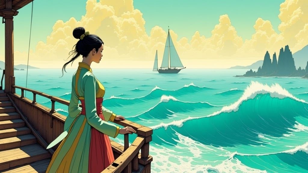 Korean Woman on Dhow in Moebius Comic Style