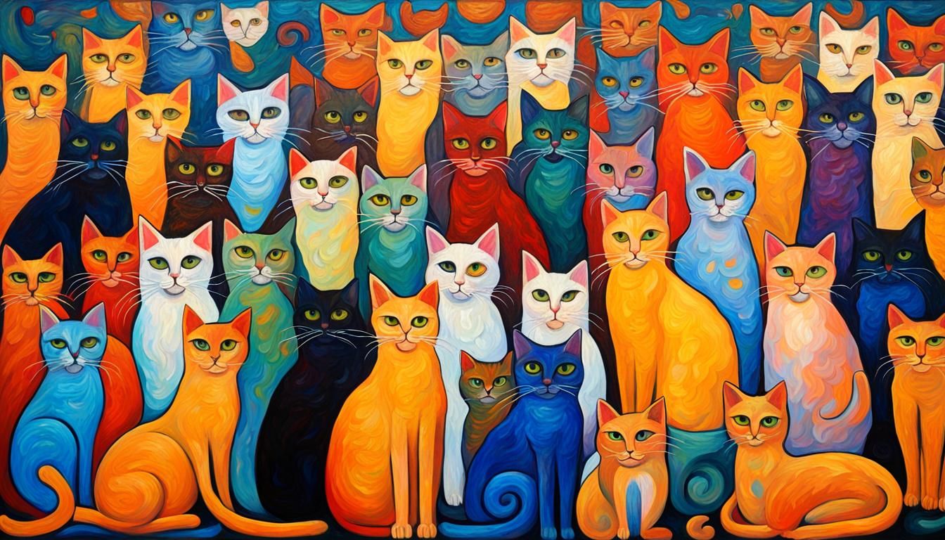 Maximalist Klimt Style Oil Painting of Hundreds of Cats