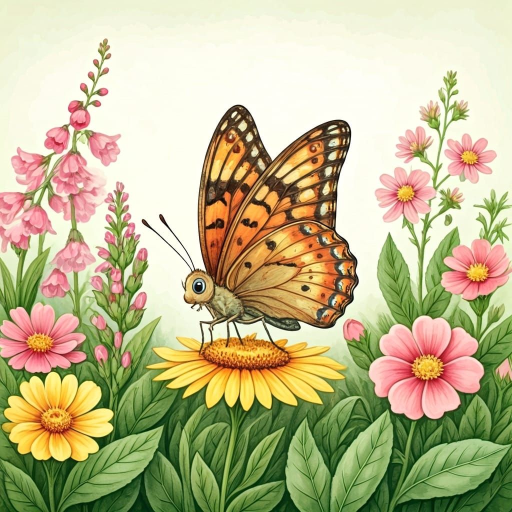 Puzzled Butterfly in Whimsical Watercolor Garden