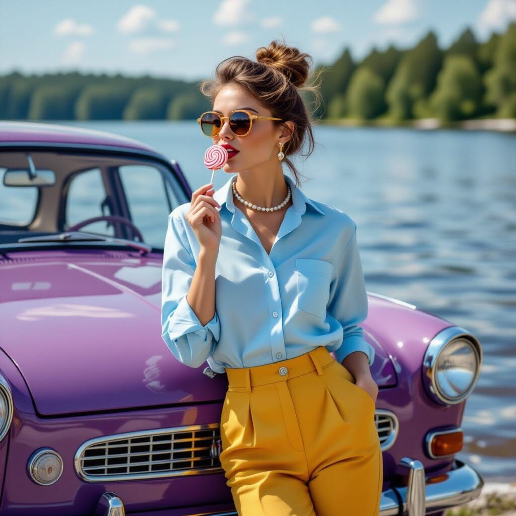 Retro Woman with Trabant Car by the Lake