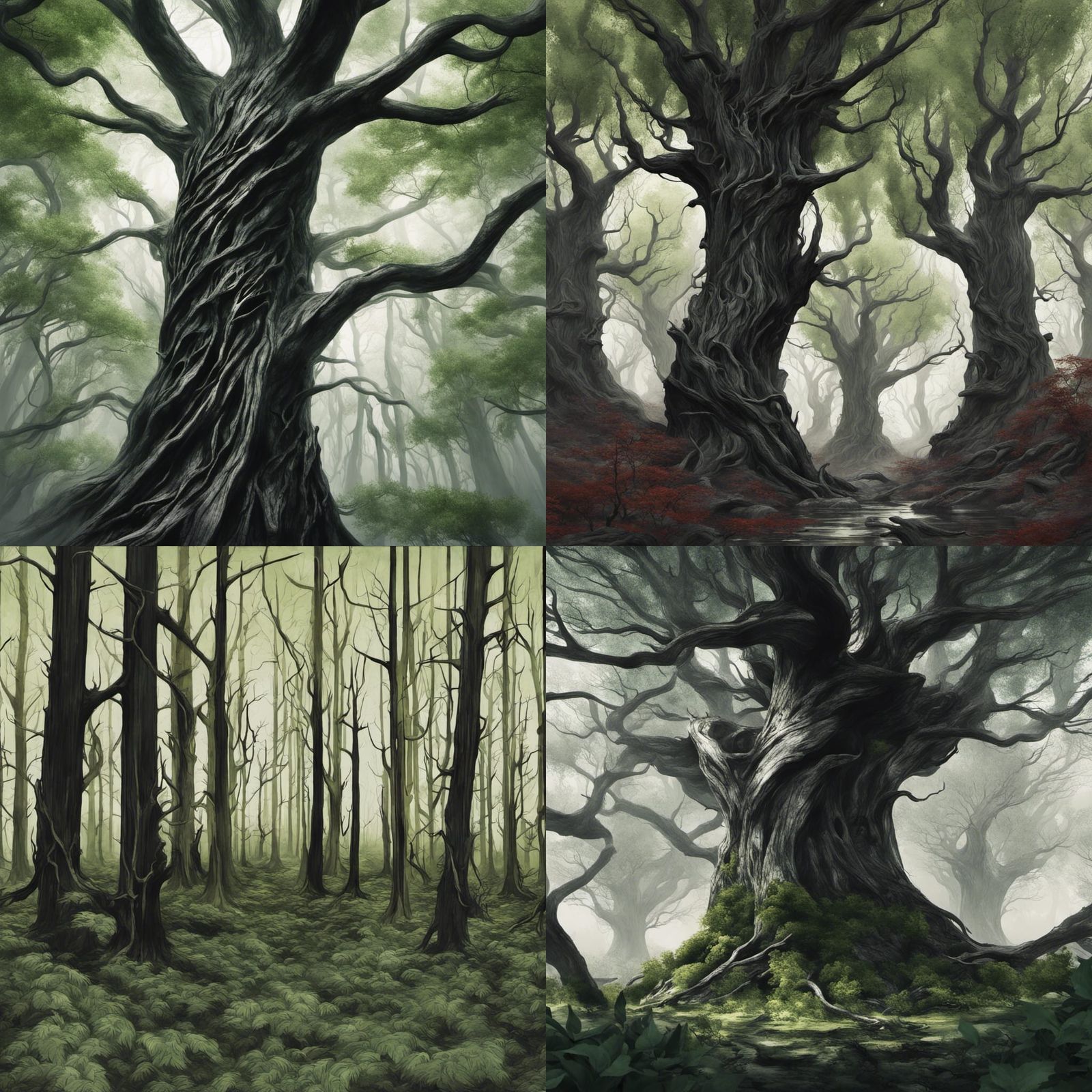 Dark Forest Fantasy Landscape with Twisted Trees