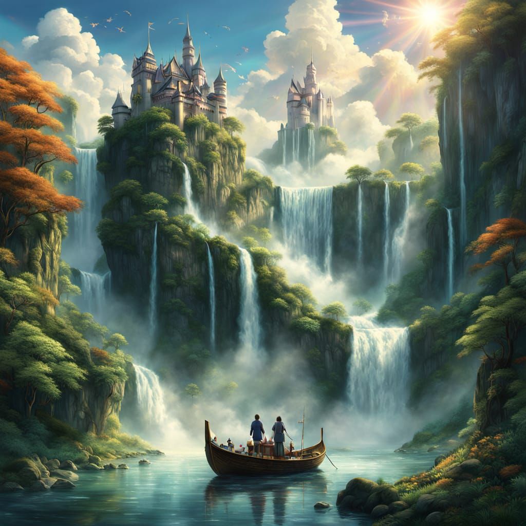 Magical Mountain Castle with Emerald Forests, Ghibli-Inspire...