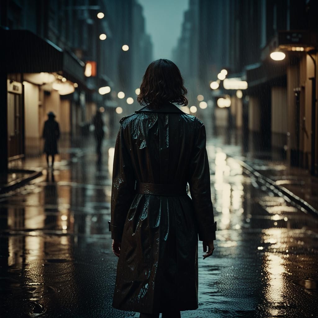 Film Noir Woman Walking in Rainy City Street