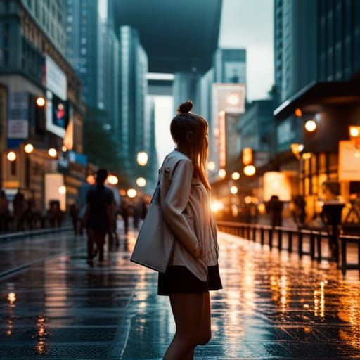 Urban City Street photography, golden hour, a beautiful girl, rain city lights