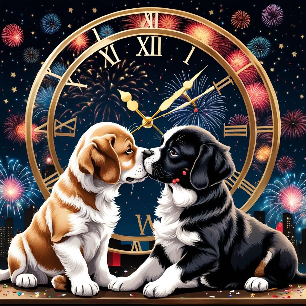 Puppies Kissing at Midnight with Fireworks