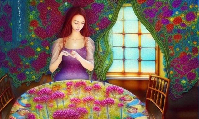 Floral Embroidery Room in Gouache Painting Style