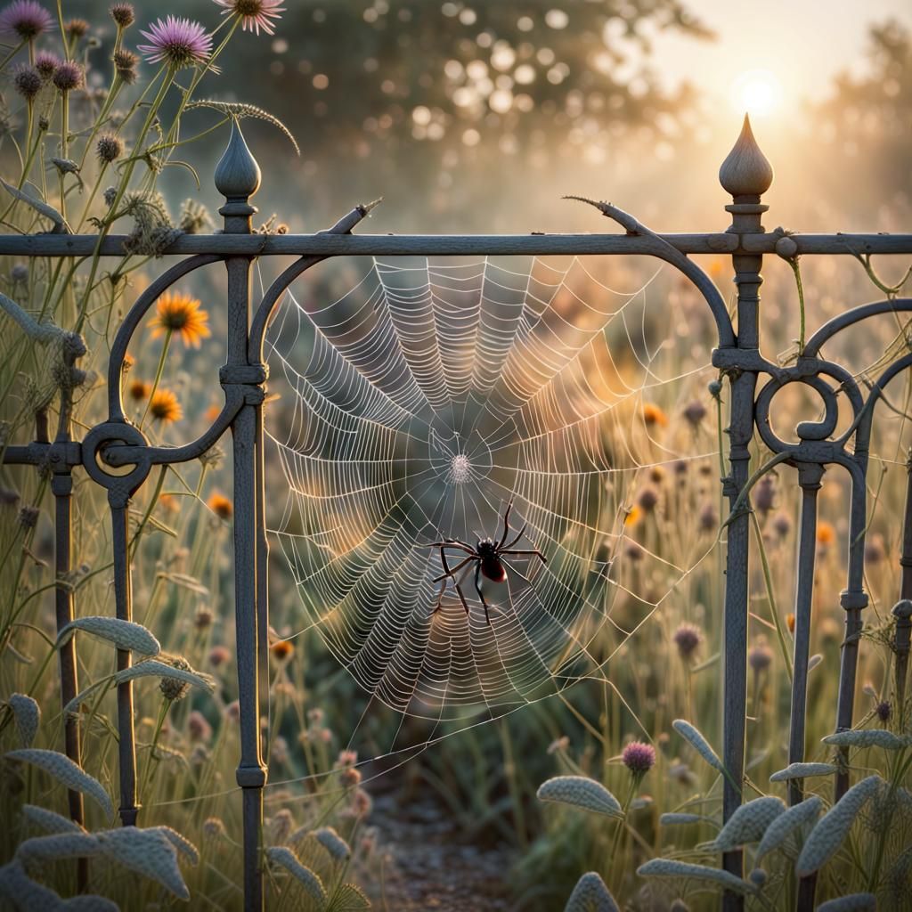 Spider in Dew-Kissed Web at Sunrise: Watercolor Illustration
