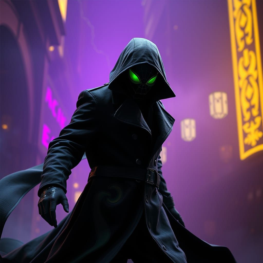 Mysterious Dark Vigilante in Black Trench Coat with Lava Lam...