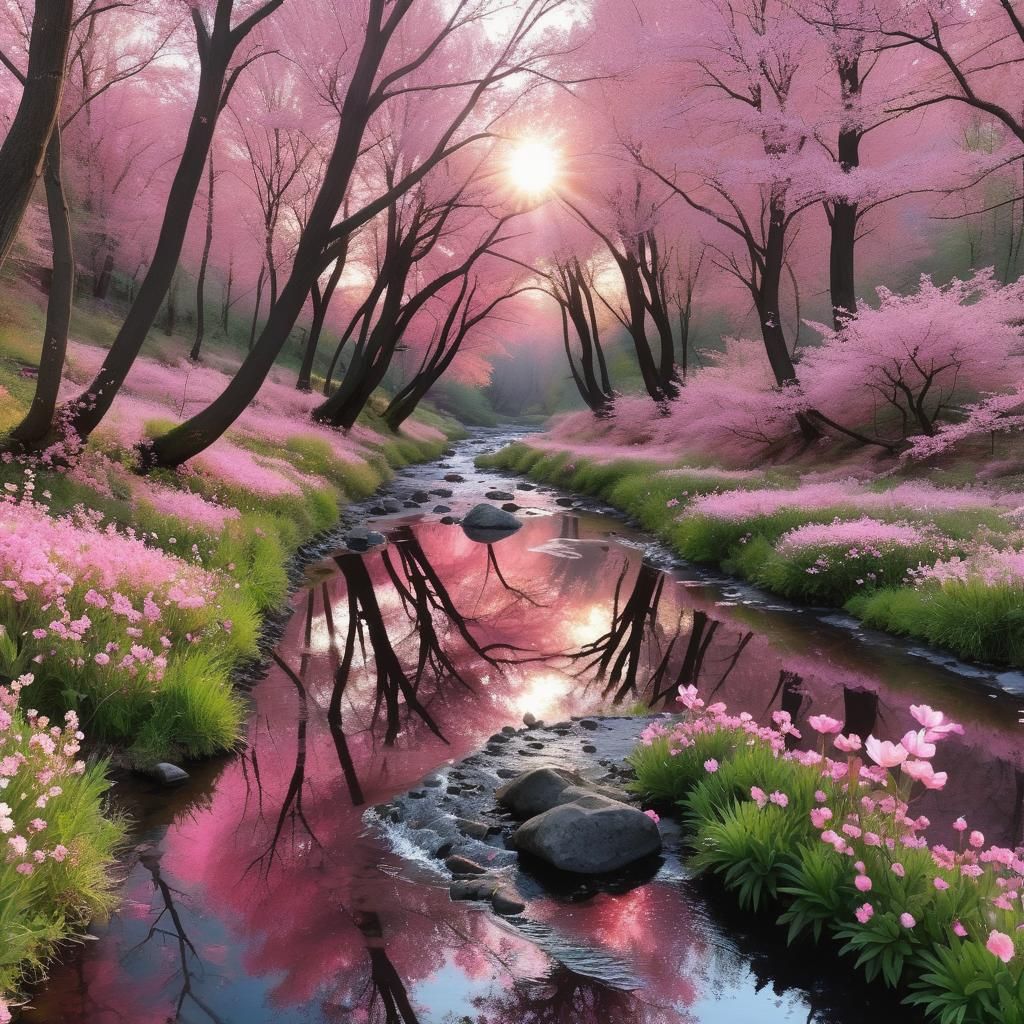 Pink Floral Landscape with Reflections