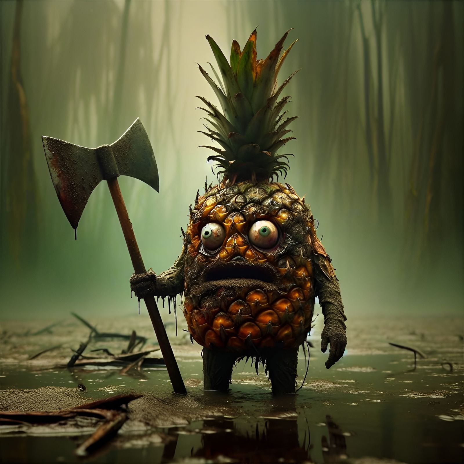 Pineapple Warrior in Grungy Swamp, Hyper-Detailed Oil Painti...