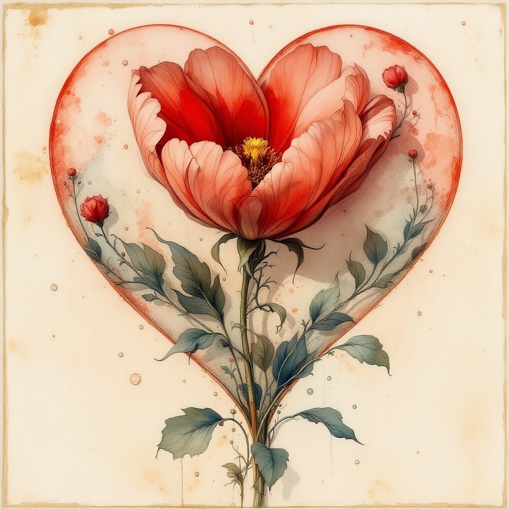 Surrealist Watercolor of a Red Floral Heart