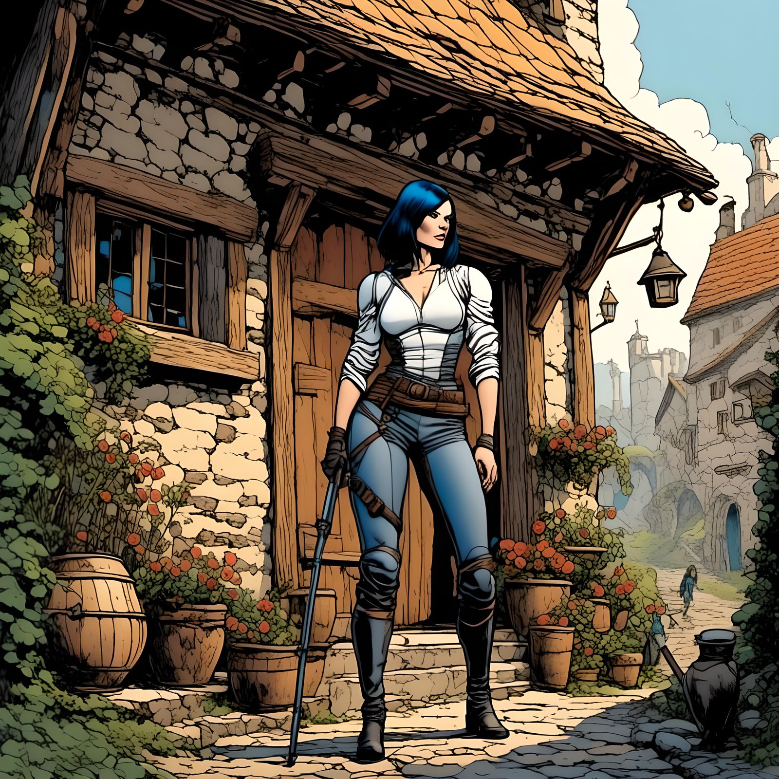 Muscular Female Explorer at Medieval Inn