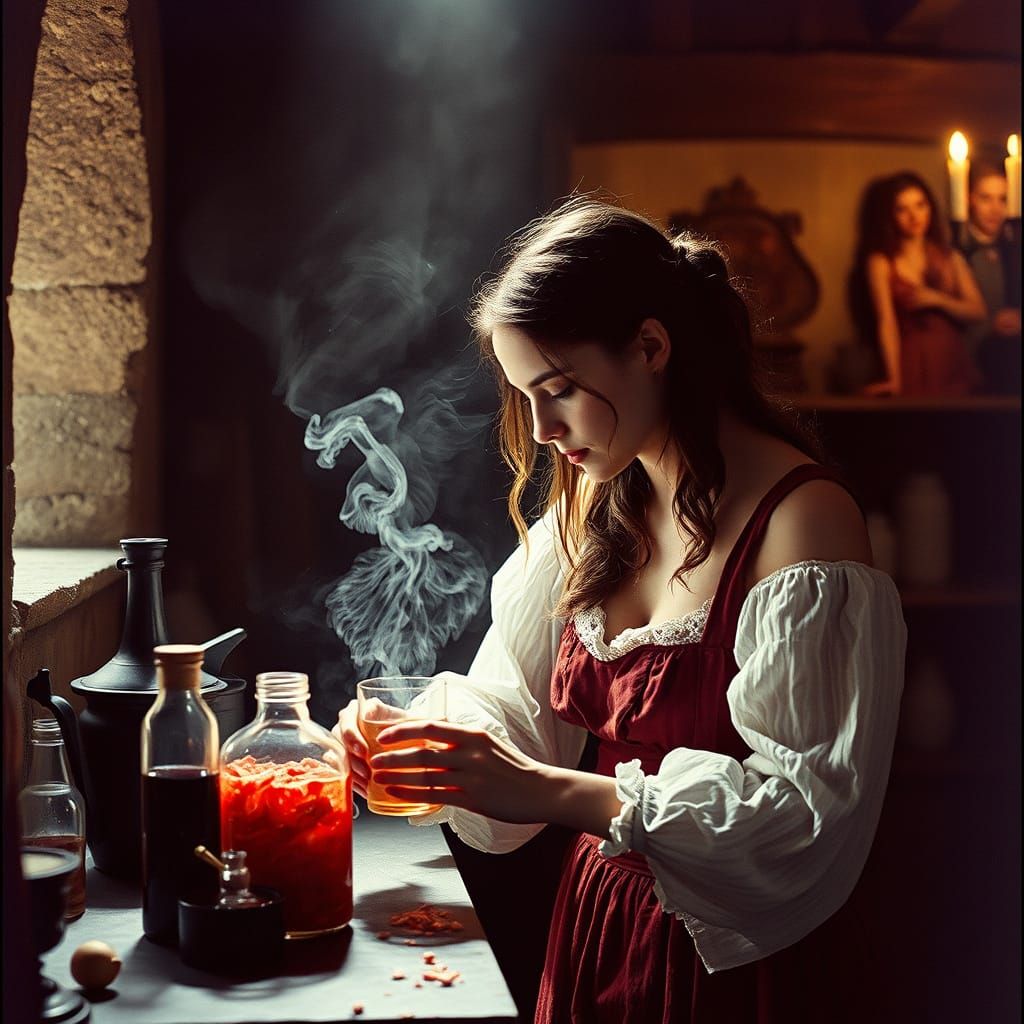 Monochromatic Watercolor: Woman Brews Love Potion