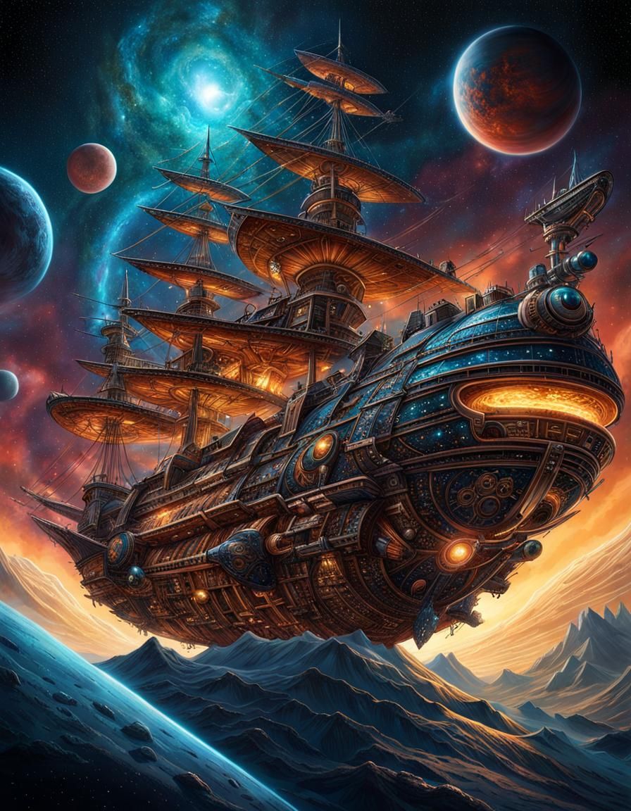 Ornate Sci-Fi Pirate Ship in Starry Space