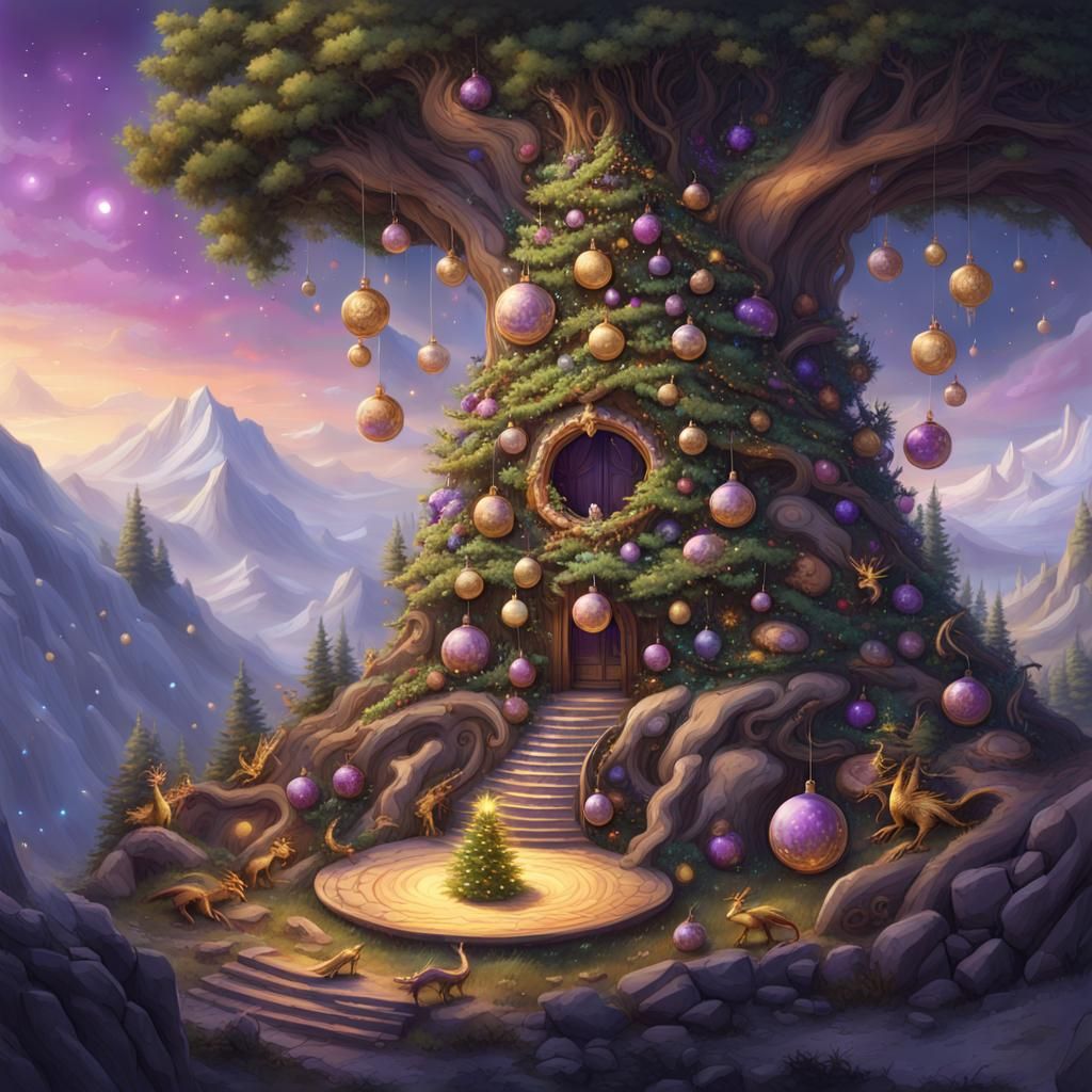 Dragons Dancing Around Christmas Tree on Mountain
